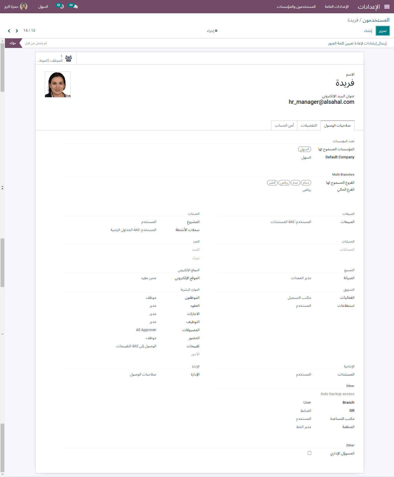 farida's access rights details/informations