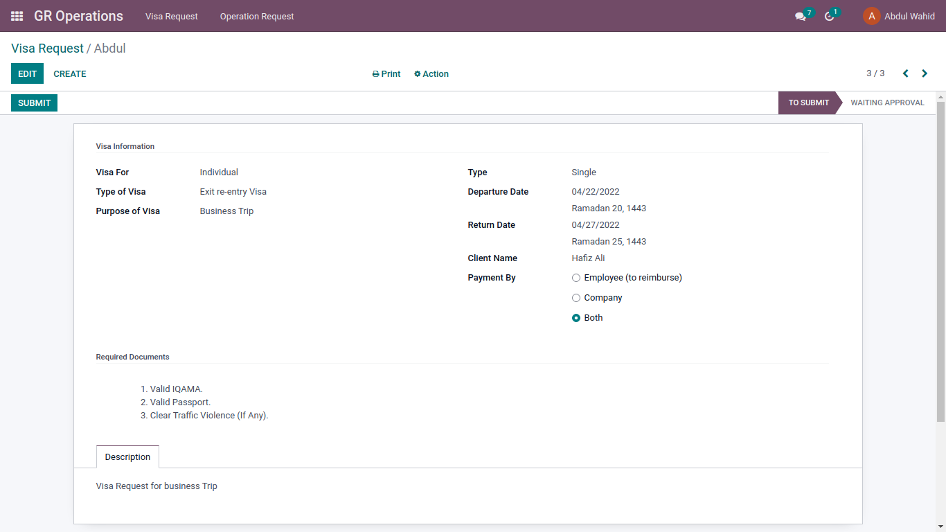 abdul's visa request detail in gr operation