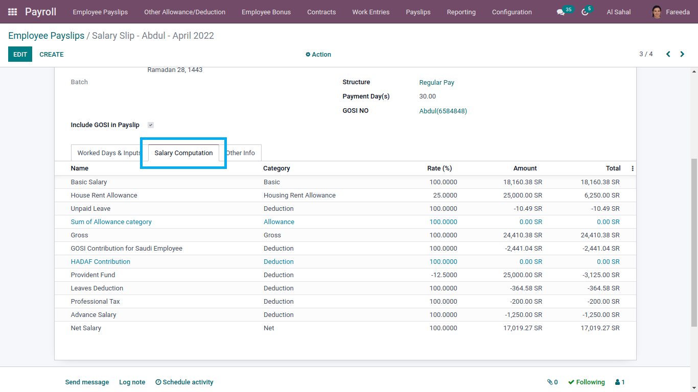 employee salary computation in samployee payslip