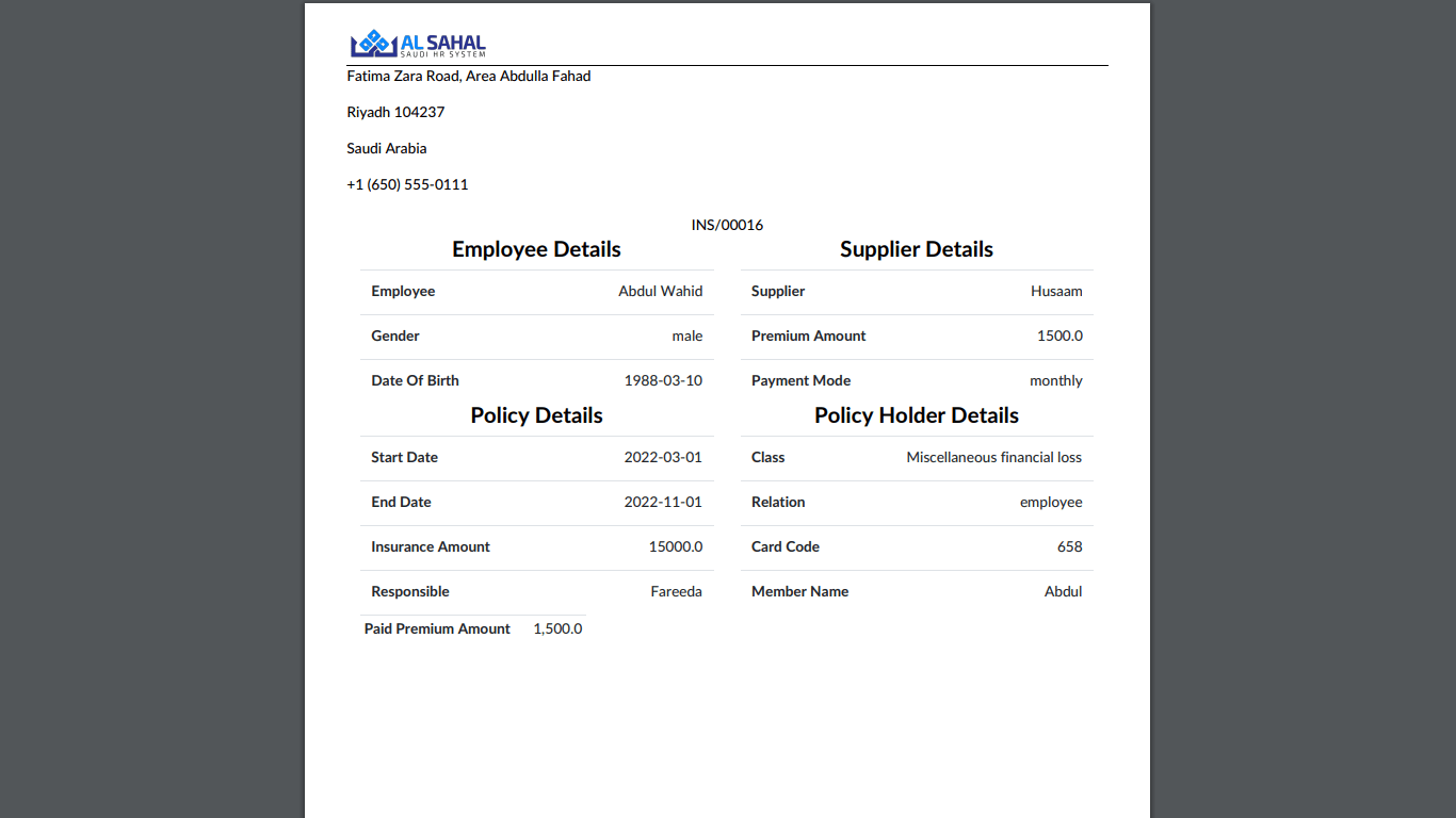 employee details, supplier details,policy detail