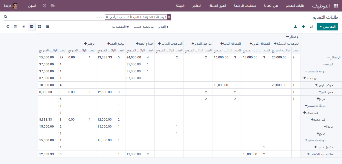 recruitment application in pivot view