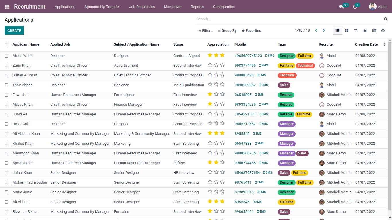 applications in list view