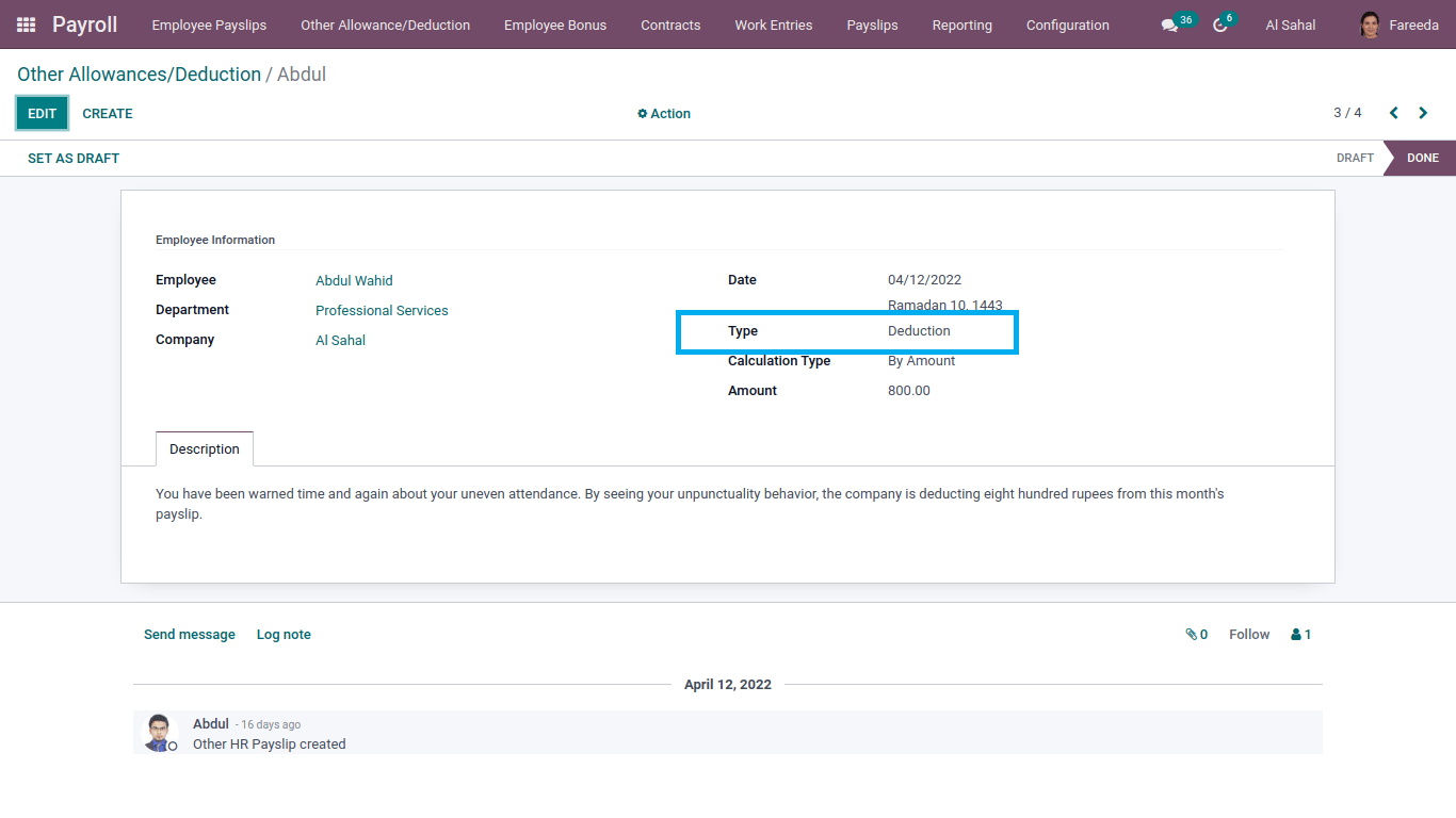 abdul's deduction in payroll